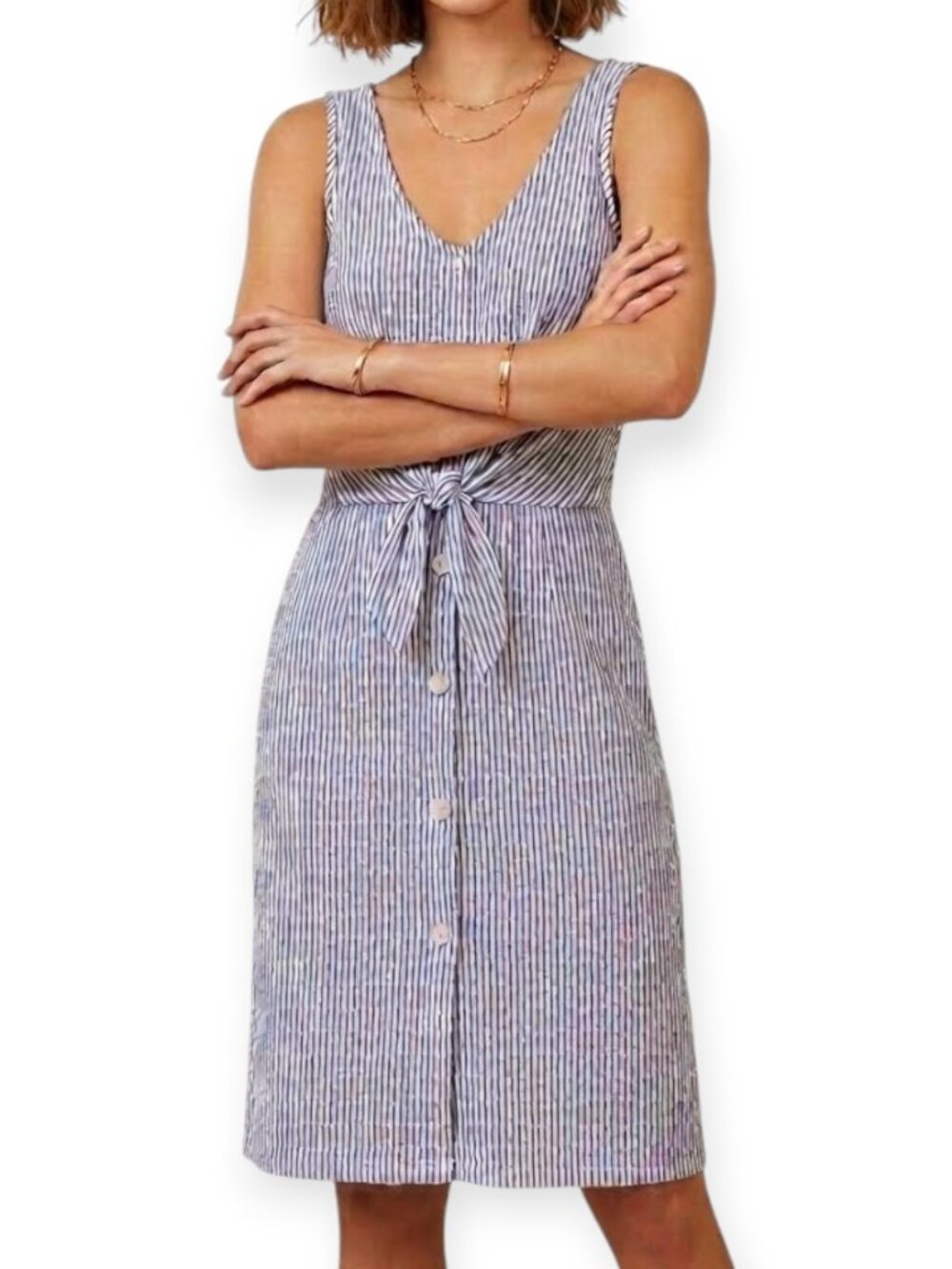 Caution to the Wind Small Blue Striped Cottage Core‎ Tie-Front Midi Dress